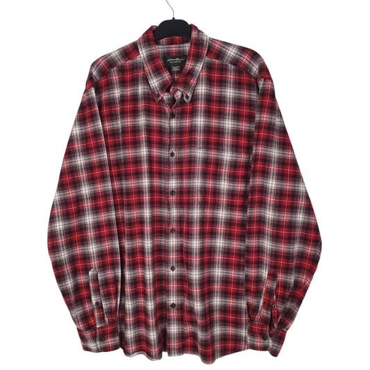 Mens Red Eddie Bauer Thick Flannel Plaid Long Sleeve Shirt