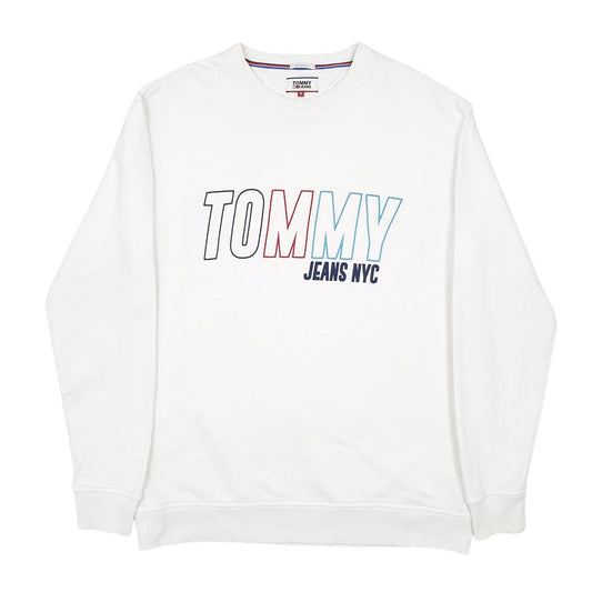 Mens White Tommy Hilfiger Jeans Spellout Relaxed Fit Crewneck Jumper