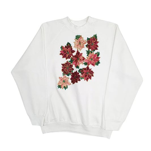 Womens White Fruit Of The Loom Vintage 90s Floral Crewneck Jumper