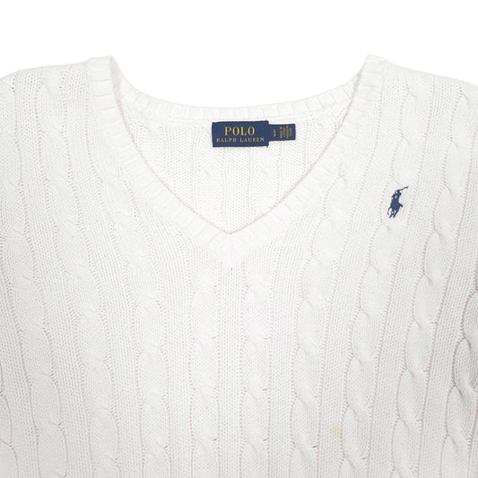 Womens White Polo Ralph Lauren Cable Knit Knitwear V Neck Jumper