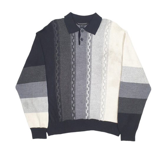 Mens Black Porto Cruz Collared Knit Cable Striped Crewneck Jumper