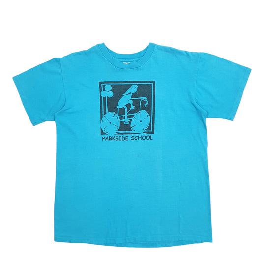 Mens Blue Anvil Single Stitch Vintage 90s Made In USA Parkside School Bike Short Sleeve T Shirt