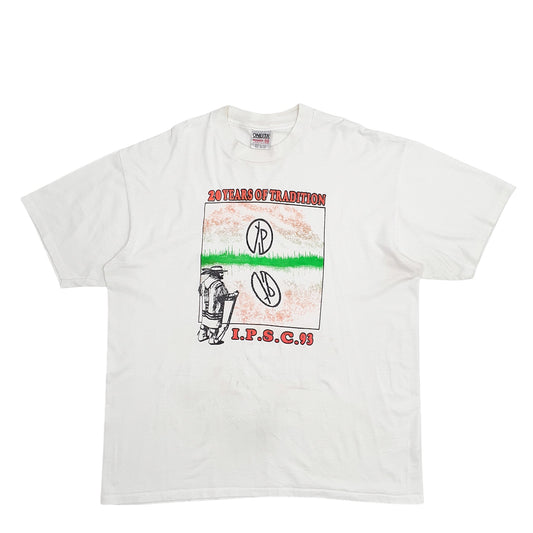 Mens White Oneita Single Stitch Vintage 90s Made In USA 20 Years Of Tradition Short Sleeve T Shirt