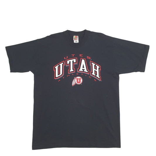 Mens Black Fruit Of The Loom Single Stitch Vintage 90s Utah Athletics Spellout Short Sleeve T Shirt