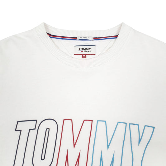 Mens White Tommy Hilfiger Jeans Spellout Relaxed Fit Crewneck Jumper