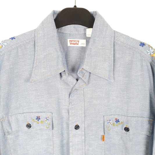 Mens Blue Levis Vintage Orange Tab Folk Embroidery Made In USA Long Sleeve Shirt