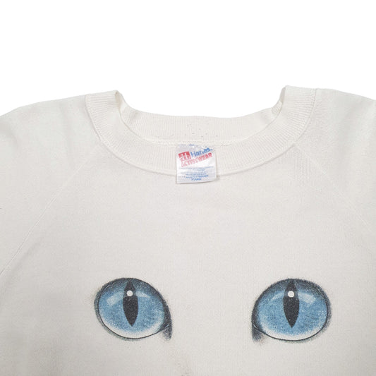 Mens White Hanes Made In USA Vintage 90's Cat Crewneck Jumper