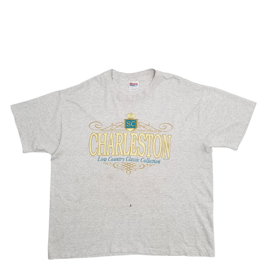 Mens Grey Hanes Single Stitch Vintage 90s Charleston Spellout Made In USA Short Sleeve T Shirt