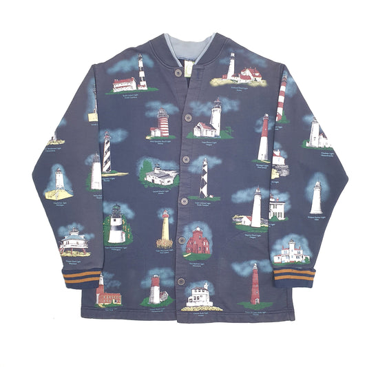 Mens Navy Art Unlimited Vintage 1990s Made in USA Lighthouses of the USA Cardigan Jumper