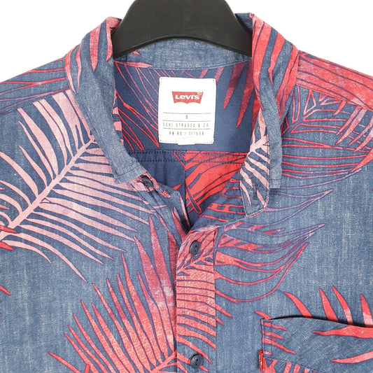 Mens Navy Levis Tropical Palm Leaves Summer Hawaiian Short Sleeve Shirt