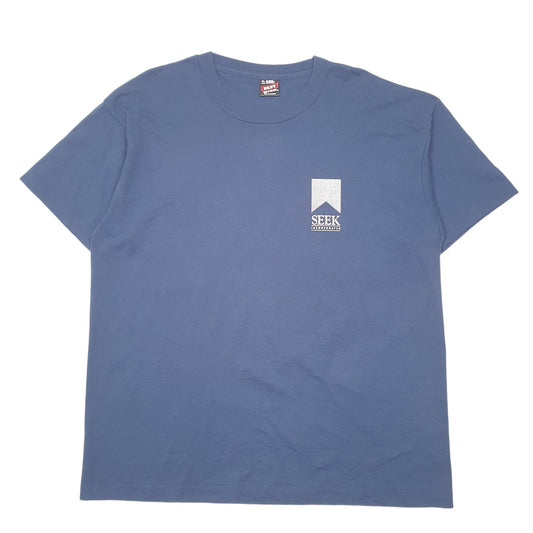 Mens Navy Fruit Of The Loom Single Stitch Vintage 90s Made In USA Seek Incorporated Short Sleeve T Shirt