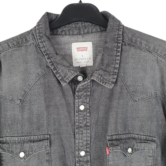 Mens Grey Levis Denim Jeans Western Pearl Snap Cowboy Long Sleeve Shirt