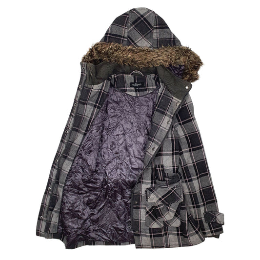 Womens Grey Eclipse Plaid Belted Coat