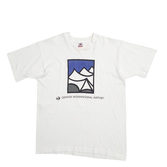 Mens White Fruit Of The Loom Single Stitch Vintage 90s Denver International Airport Made In USA Vintage 90's Short Sleeve T Shirt