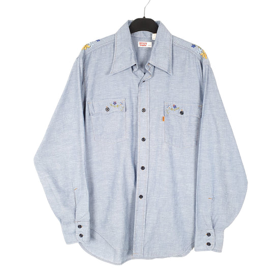 Mens Blue Levis Vintage Orange Tab Folk Embroidery Made In USA Long Sleeve Shirt