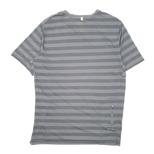 Mens Grey Nike Dri Fit Striped Active Running Workout Short Sleeve T Shirt