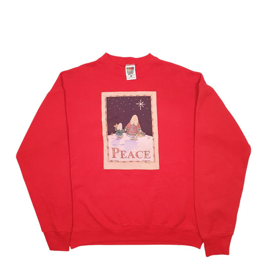 Womens Red Fruit Of The Loom Peace Spellout Crewneck Jumper