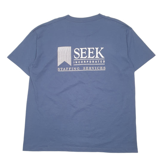 Mens Navy Fruit Of The Loom Single Stitch Vintage 90s Made In USA Seek Incorporated Short Sleeve T Shirt