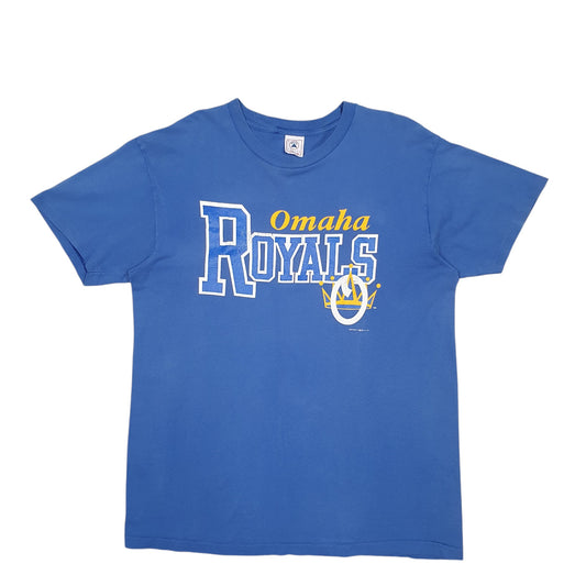 Mens Blue Delta Single Stitch Vintage 90s Made In USA Omaha Royals Short Sleeve T Shirt