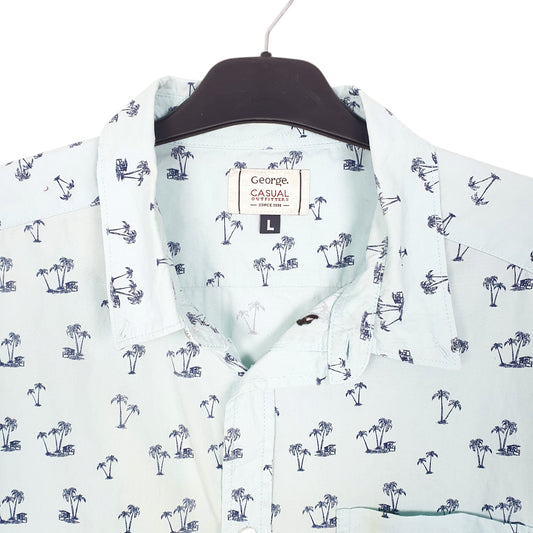 Mens Turquoise George Palm Trees Hawaiian Short Sleeve Shirt