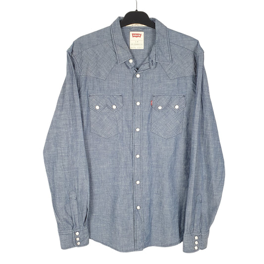 Mens Blue Levis Western Cowboy Chambray Pearl Snap Long Sleeve Shirt
