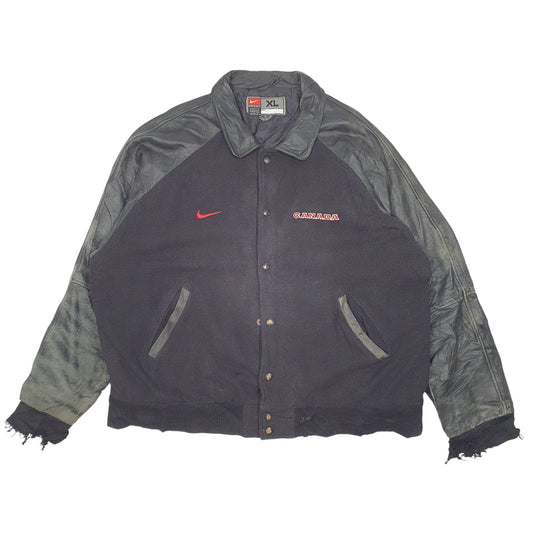 Mens Black Nike Vintage Varsity Team 2000s Canada Spellout Hockey Leather Coat