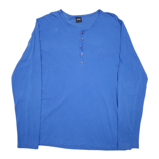 Mens Blue Hugo Boss Henley Button Collar Long Sleeve T Shirt
