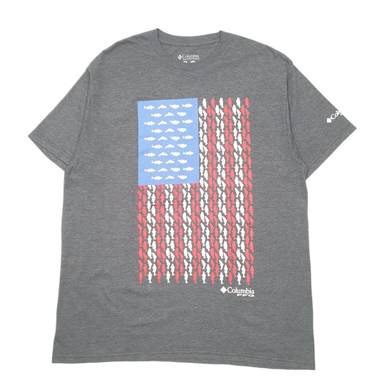Mens Grey Columbia Sportswear PFG Performance Fishing Gear USA Flag Short Sleeve T Shirt