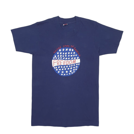 Womens Navy Fruit Of The Loom Single Stitch Vintage 90s Made In USA United States Of America Short Sleeve T Shirt