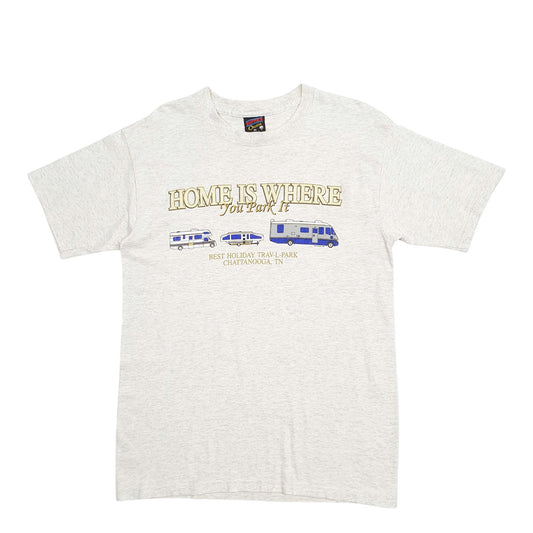 Mens Grey Soffe Single Stitch Vintage 90s Made In USA Home Is Whede You Park It Short Sleeve T Shirt