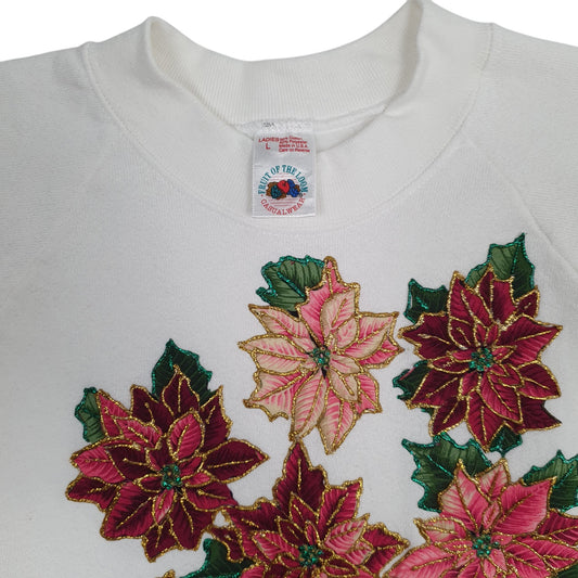 Womens White Fruit Of The Loom Vintage 90s Floral Crewneck Jumper