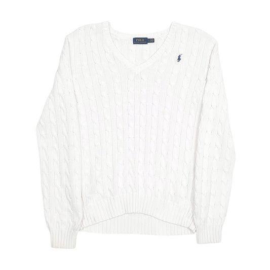 Womens White Polo Ralph Lauren Cable Knit Knitwear V Neck Jumper