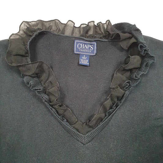 Womens Black Chaps Knit Frill Collar V Neck Jumper