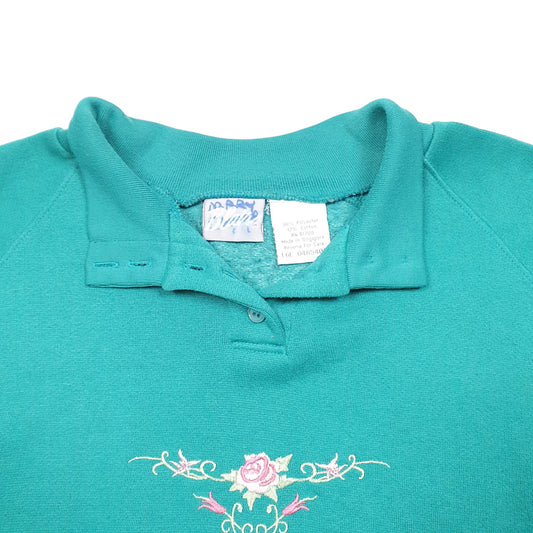 Womens Green Blair Vintage Button Raglan 90s Rose Flowers Embroidered Crewneck Jumper