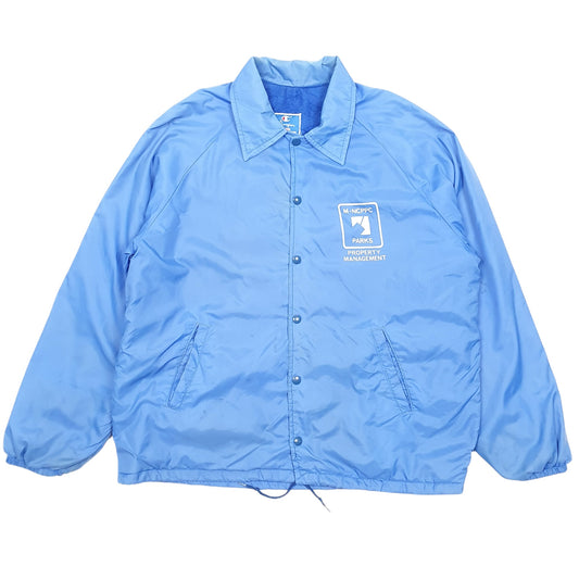 Mens Blue Champion Vintage 80s Coach Parks Property Management Made In USA Coat