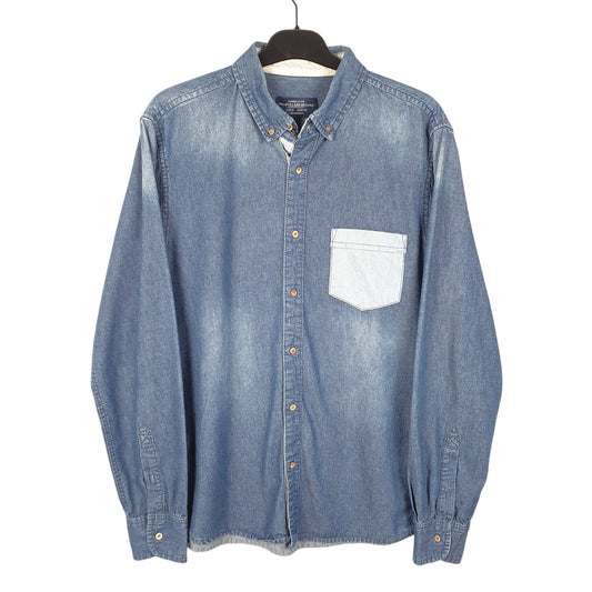Mens Blue Pull & Bear Chambray Long Sleeve Shirt