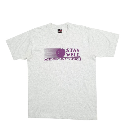 Mens Grey Fruit Of The Loom Single Stitch Vintage 90s Made In USA Stay Well Rochester Community School Short Sleeve T Shirt