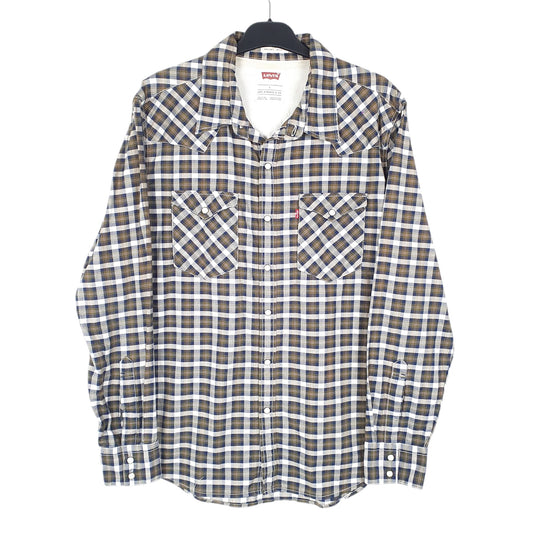 Mens Khaki Levis Western Cowboy Pearl Snap Long Sleeve Shirt