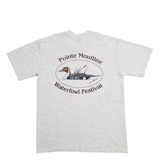 Mens Grey Platinum Plus Single Stitch Vintage 90s Made In USA Pointe Waterfowl Festival Short Sleeve T Shirt