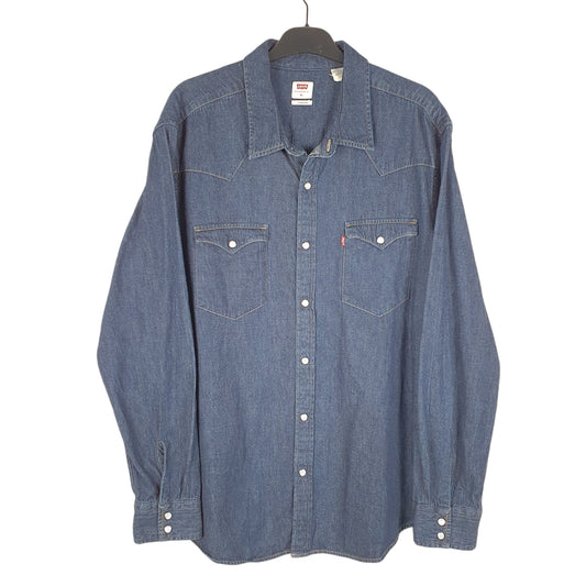 Mens Blue Levis Denim Jeans Indigo Western Pearl Snap Cowboy Long Sleeve Shirt