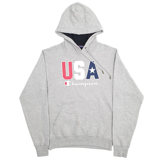 Mens Grey Champion USA Spellout Hoodie Jumper