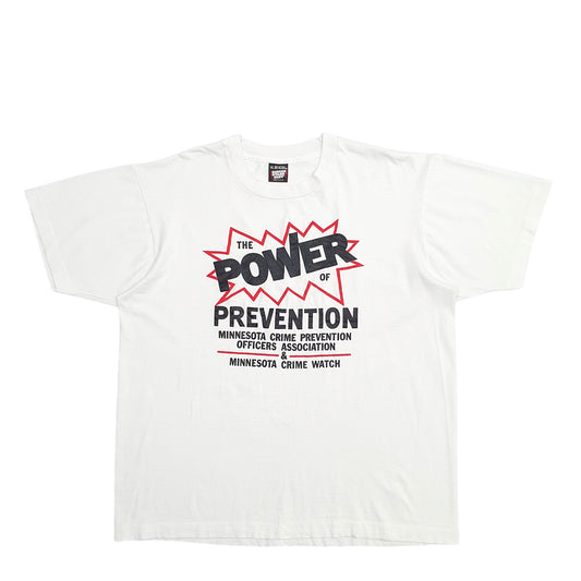 Mens White Screen Stars Best Single Stitch Vintage 90s Made In USA The Power Of Prevention Short Sleeve T Shirt