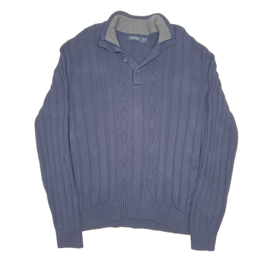 Mens Navy Nautica Knit Button Cable Chunky Quarter Zip Jumper