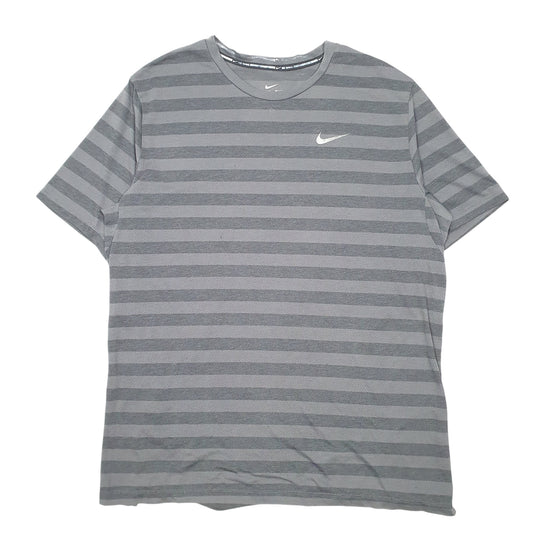 Mens Grey Nike Dri Fit Striped Active Running Workout Short Sleeve T Shirt