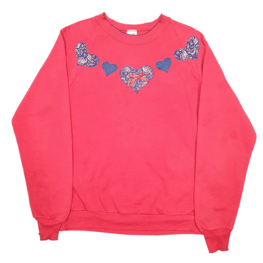 Mens Red Jerzees Vintage Made In USA Raglan Hearts Embroidery Crewneck Jumper