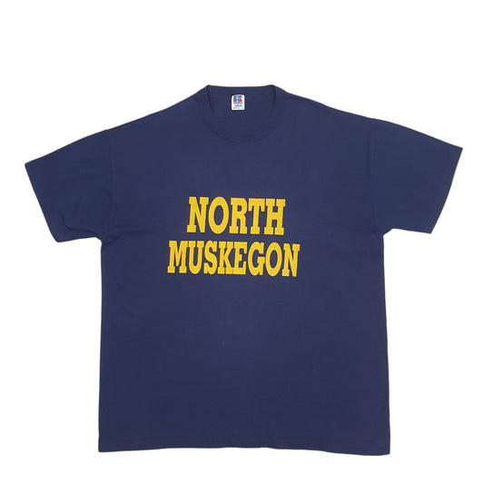 Mens Navy Russell Athletic Single Stitch Vintage 90s Made In USA North Muskegon Football Short Sleeve T Shirt