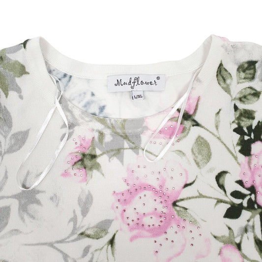 Womens White Mud Flowers Blouse T Shirt