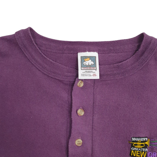 Mens Purple Cotton Deluxe Vintage 90s Mardi Gras 1999 Henley T Shirt
