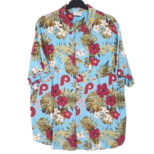 Mens Blue MLB Philadelphia Phillies Hawaiian Short Sleeve Shirt
