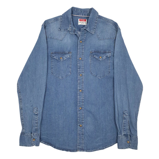 Mens Blue Wrangler Denim Pearl Snap Long Sleeve Shirt